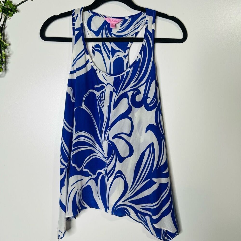 Lilly Pulitzer Malie Silk Top Blue White Tropical Racerback Tank Top